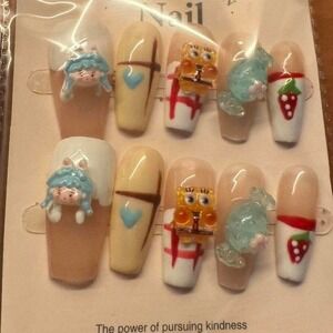 🐰🍓 Character Mash-Up Press-On Nail Set‎ – Bunny Girl, SpongeBob & Strawberry